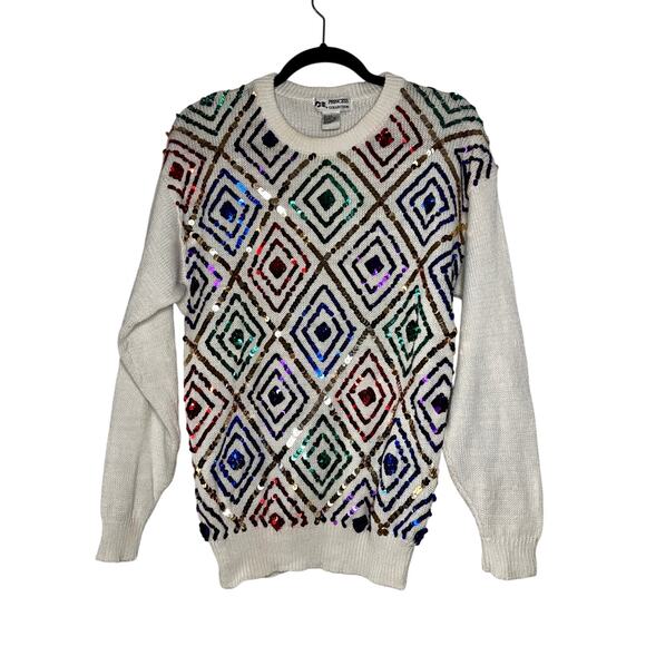 Vintage 1980s Sequins Sweater Princess Collection Rainbow Harlequin Design Sz L - Picture 1 of 16